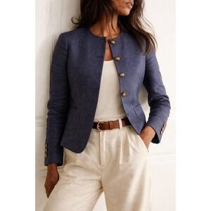 PAUW Amsterdam Collarless Blazer – Size 1 Navy Wool Linen Silk